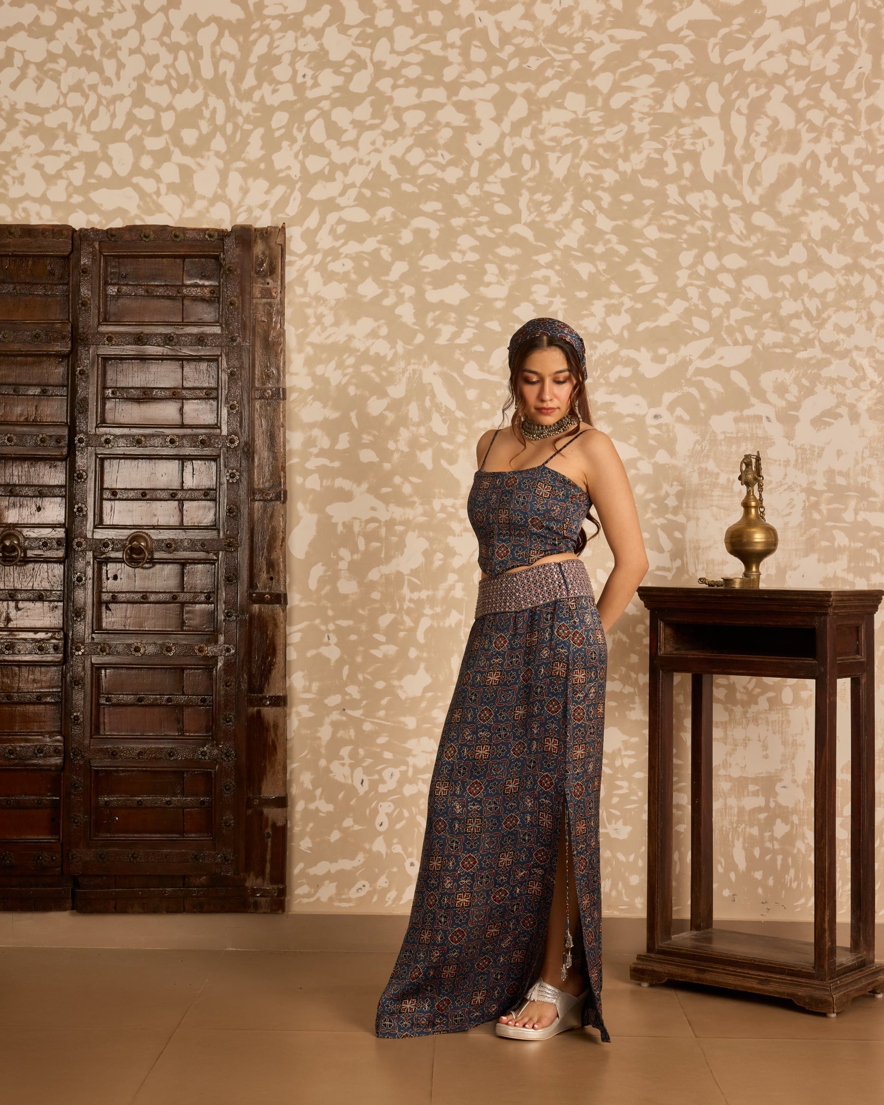 Short Jacket with Corset & Long Skirt Set at Kamakhyaa by Akashi Clothing. This item is Ajrakh by Akashi Clothing, Under $100
