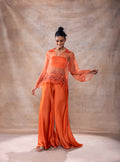 Short Kurta Pant Set at Kamakhyaa by Akashi Clothing. This item is Co-ord Sets, Festive Wear, Hand Embroidered, Kurta Pant Sets, missing, Modal Satin, Orange, Organza, Party Wear, Party Wear Co-ord Sets, Relaxed Fit, Womenswear, Zaira by Akashi Clothing