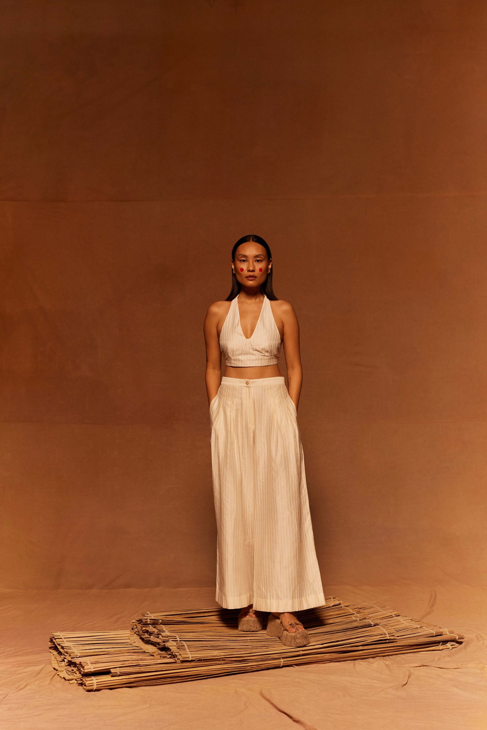 Shunkan Pleated Pants at Kamakhyaa by Ahmev. This item is Cotton Silk, Ivory, Maximum Minimum by Ahmev, Pants, Prints, Relaxed Fit, Womenswear