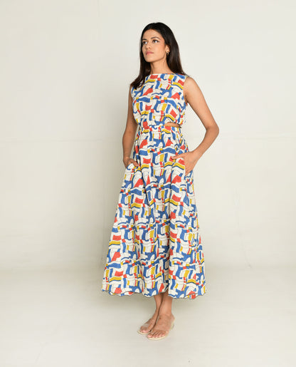 Side Cut Dress at Kamakhyaa by Rias Jaipur. This item is Bhram by Rias Jaipur, Block Prints, Casual Wear, Linen Tencil, Multicolor, Regular Fit, Sleeveless Dresses, Toxin free