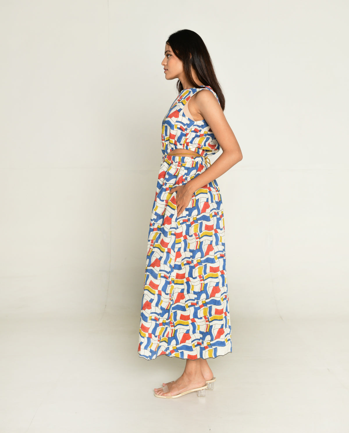 Side Cut Dress at Kamakhyaa by Rias Jaipur. This item is Bhram by Rias Jaipur, Block Prints, Casual Wear, Linen Tencil, Multicolor, Regular Fit, Sleeveless Dresses, Toxin free