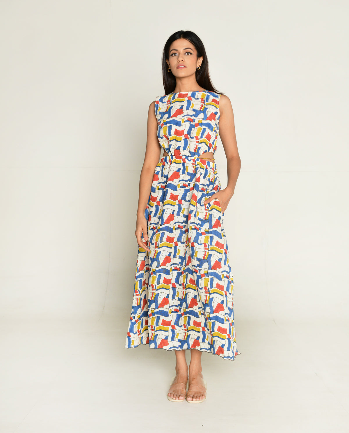 Side Cut Dress at Kamakhyaa by Rias Jaipur. This item is Bhram by Rias Jaipur, Block Prints, Casual Wear, Linen Tencil, Multicolor, Regular Fit, Sleeveless Dresses, Toxin free