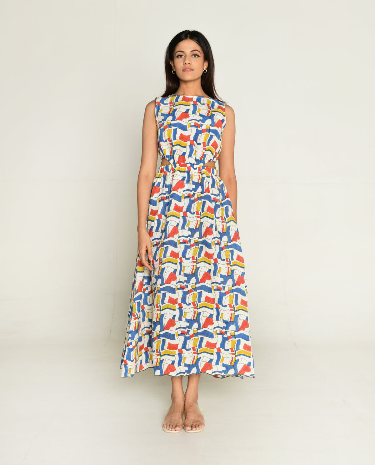 Side Cut Dress at Kamakhyaa by Rias Jaipur. This item is Bhram by Rias Jaipur, Block Prints, Casual Wear, Linen Tencil, Multicolor, Regular Fit, Sleeveless Dresses, Toxin free