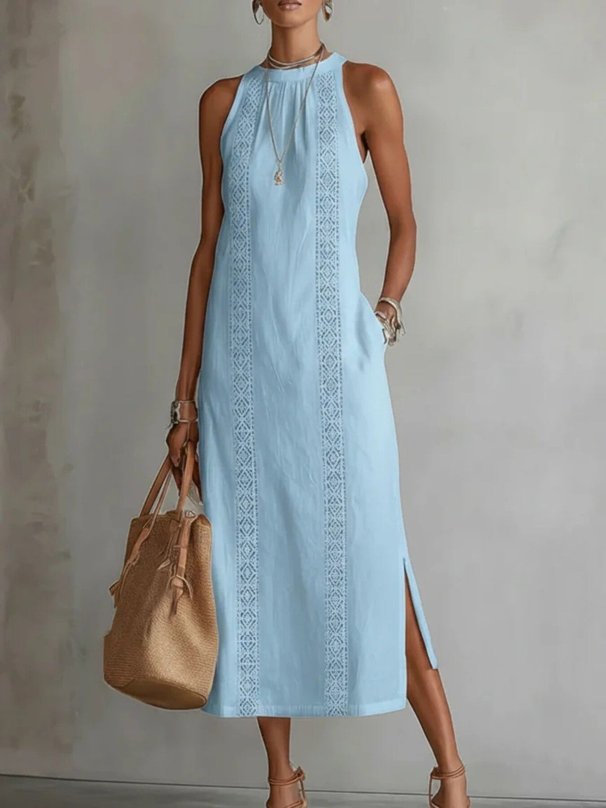 Side Slit Sleeveless Hollow-Out Trimmed Midi Dress at kamakhyaa.com by Trendsi. This item is Rhythmia, Ship From Overseas, Under $50