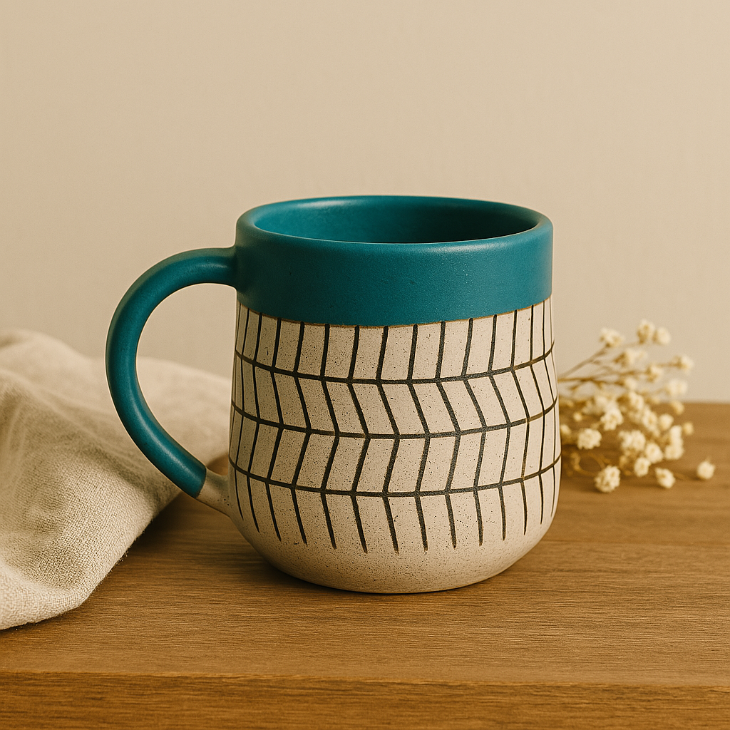 Sierra Stone Ceramic Mugs - Handcrafted Matte Glaze with Teal Rim at Kamakhyaa by Aetherea World. This item is 