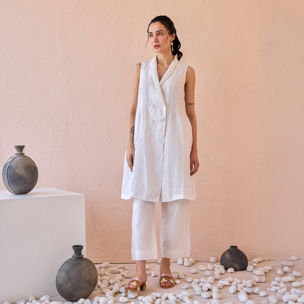 Silent Gleam at Kamakhyaa by The Loom Art. This item is Chanderi, Fluer De Code by The Loom Art, Linen, Mirror Work, White