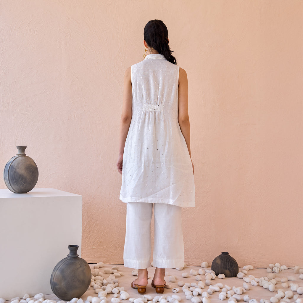 Silent Gleam at Kamakhyaa by The Loom Art. This item is Chanderi, Fluer De Code by The Loom Art, Linen, Mirror Work, White