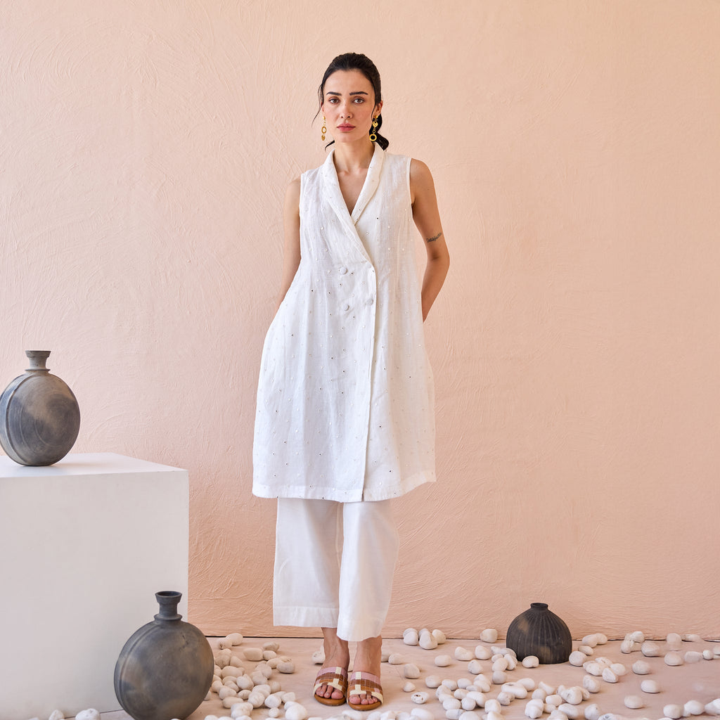 Silent Gleam at Kamakhyaa by The Loom Art. This item is Chanderi, Fluer De Code by The Loom Art, Linen, Mirror Work, White