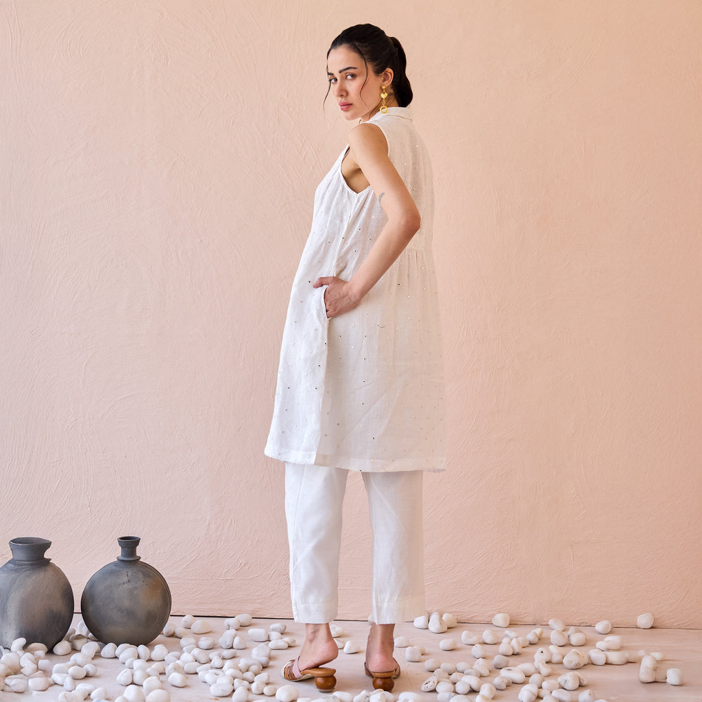 Silent Gleam at Kamakhyaa by The Loom Art. This item is Chanderi, Fluer De Code by The Loom Art, Linen, Mirror Work, White