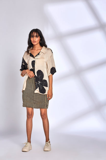 Silk﻿ Shirt with Stripes Black Striped Skirt Set at Kamakhyaa by Hasttvam. This item is Floral, Fusion Wear, Handmade by Artisans, Modal silk, Natural dyes, Respondible production and Vegan, White