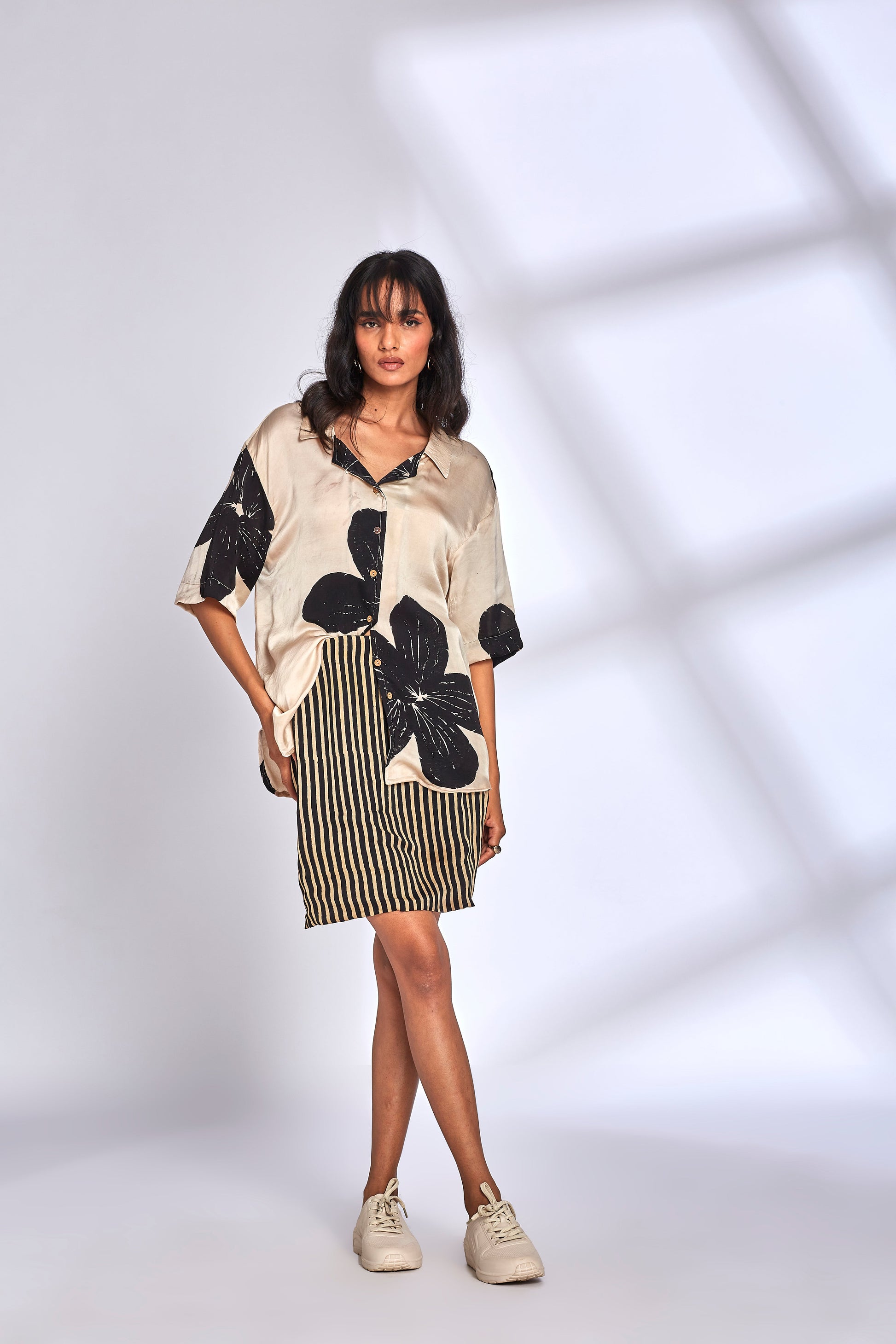 Silk﻿ Shirt with Stripes Black Striped Skirt Set at Kamakhyaa by Hasttvam. This item is Floral, Fusion Wear, Handmade by Artisans, Modal silk, Natural dyes, Respondible production and Vegan, White