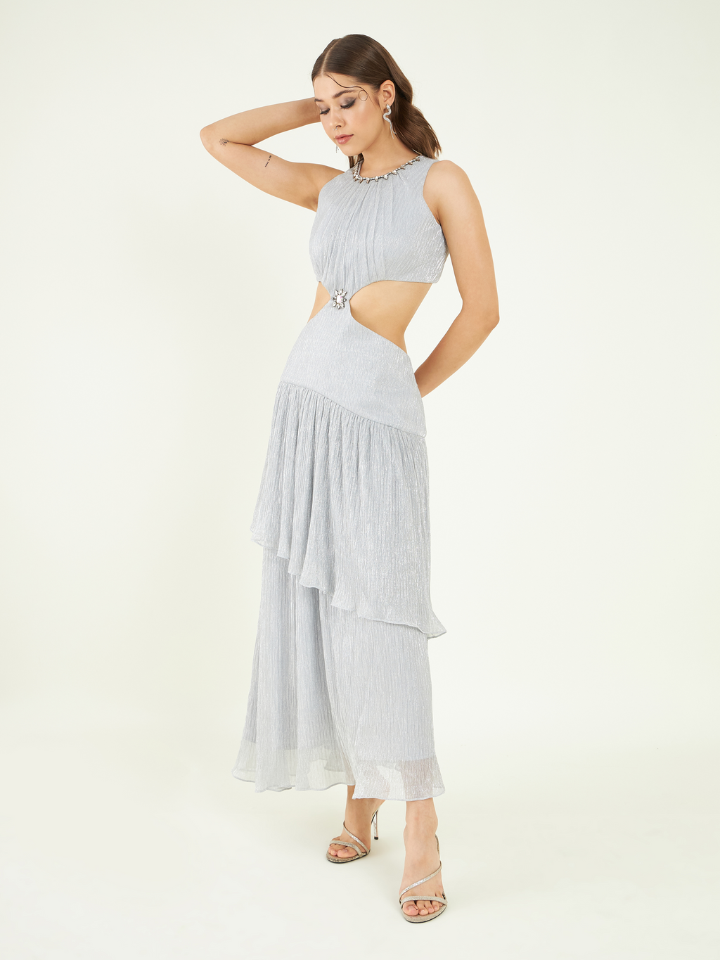 Silver Party Wear Tiered Dress at Kamakhyaa by Bohobi. This item is Fine Pleated Crepe, Party Wear, Regular Fit, Silver, Sleeveless Dresses, Swarovski Embroidery, Toxin free