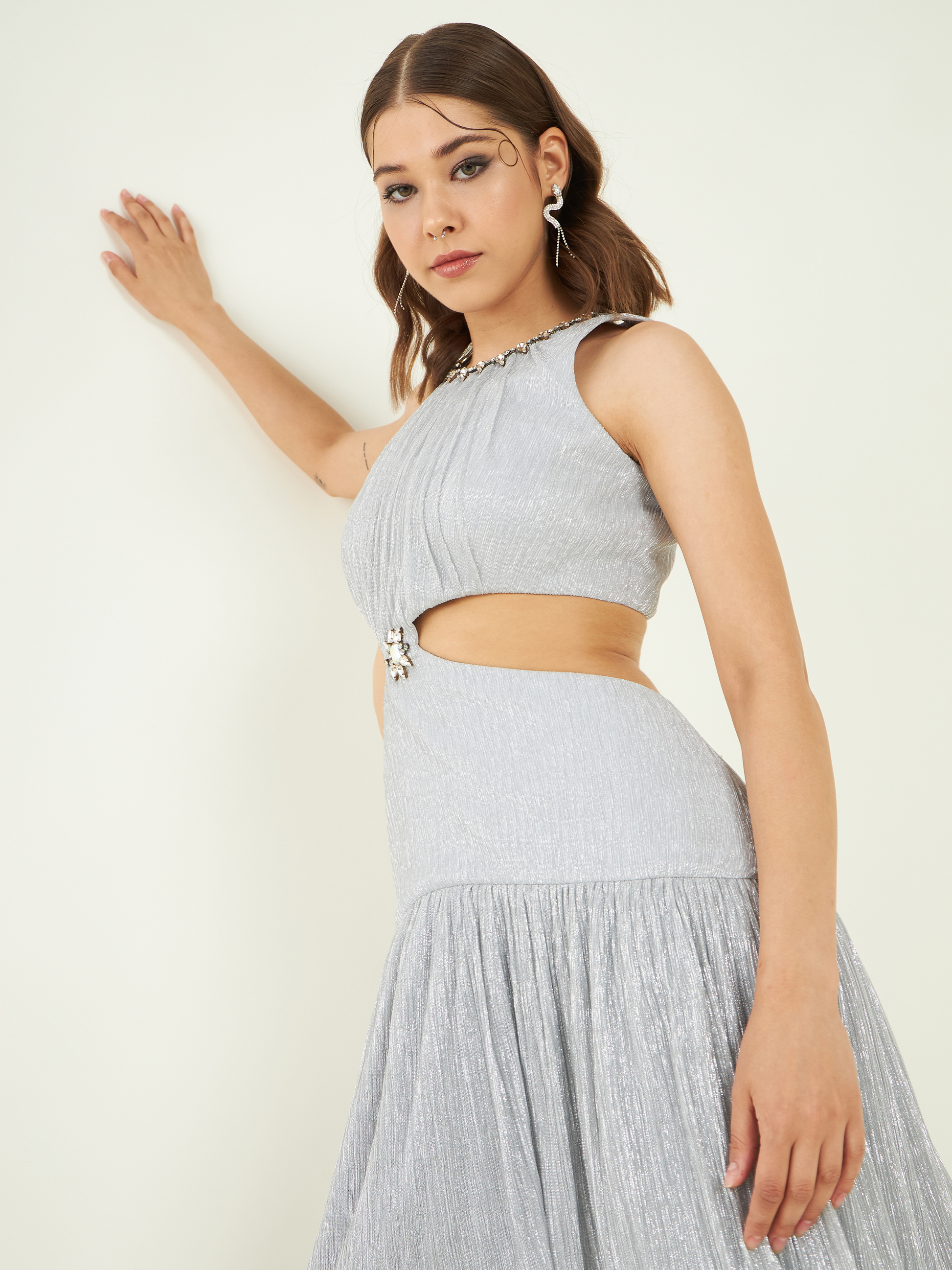 Silver Party Wear Tiered Dress at Kamakhyaa by Bohobi. This item is Fine Pleated Crepe, Party Wear, Regular Fit, Silver, Sleeveless Dresses, Swarovski Embroidery, Toxin free