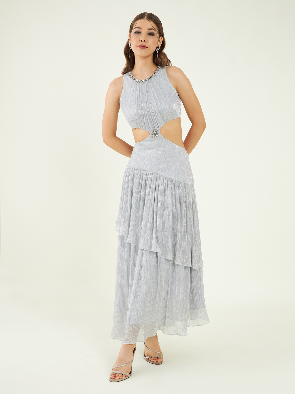 Silver Party Wear Tiered Dress at Kamakhyaa by Bohobi. This item is Fine Pleated Crepe, Party Wear, Regular Fit, Silver, Sleeveless Dresses, Swarovski Embroidery, Toxin free