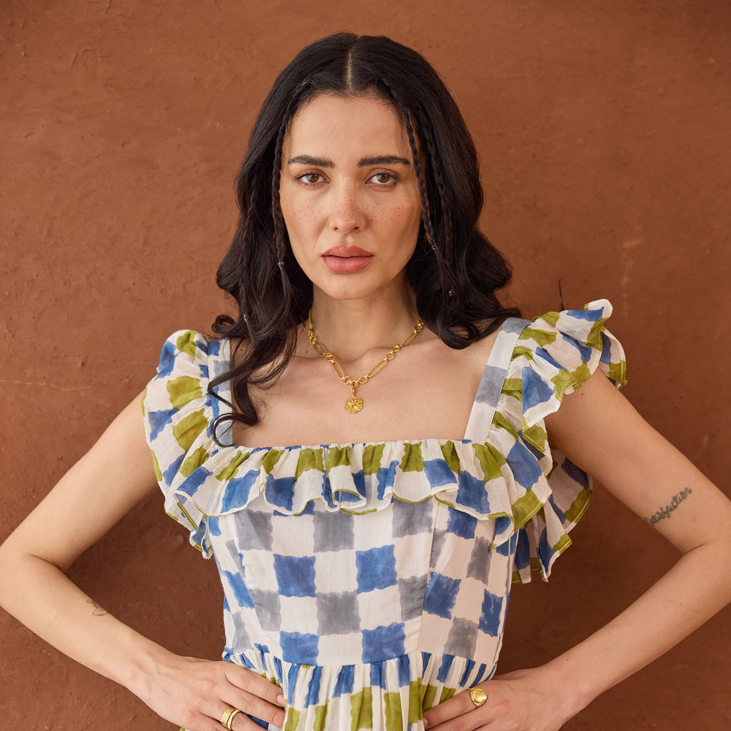 Sky Sketch at Kamakhyaa by Taro. This item is Artisan made, Blue, Cotton Mulmul, Handblock Printed, Sleeveless Dresses, Under $50, Whispers of Summer by Taro