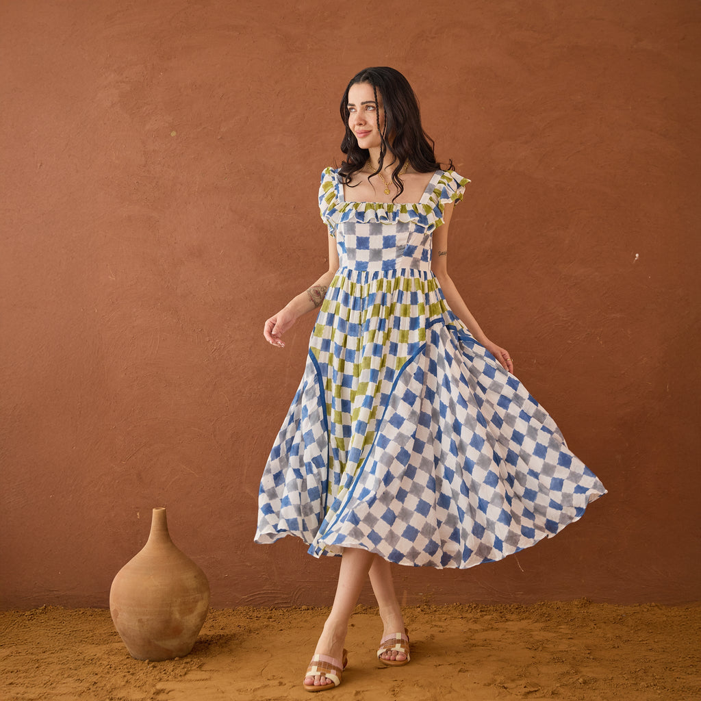 Sky Sketch at Kamakhyaa by Taro. This item is Artisan made, Blue, Cotton Mulmul, Handblock Printed, Sleeveless Dresses, Under $50, Whispers of Summer by Taro