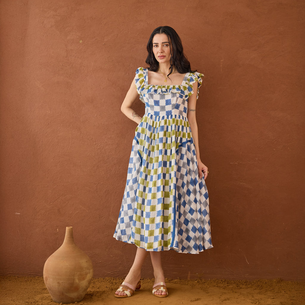 Sky Sketch at Kamakhyaa by Taro. This item is Artisan made, Blue, Cotton Mulmul, Handblock Printed, Sleeveless Dresses, Under $50, Whispers of Summer by Taro