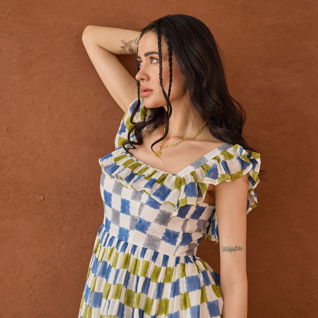 Sky Sketch at Kamakhyaa by Taro. This item is Artisan made, Blue, Cotton Mulmul, Handblock Printed, Sleeveless Dresses, Under $50, Whispers of Summer by Taro