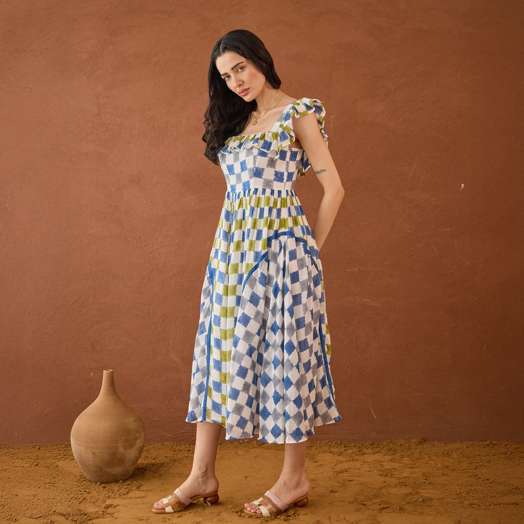 Sky Sketch at Kamakhyaa by Taro. This item is Artisan made, Blue, Cotton Mulmul, Handblock Printed, Sleeveless Dresses, Under $50, Whispers of Summer by Taro