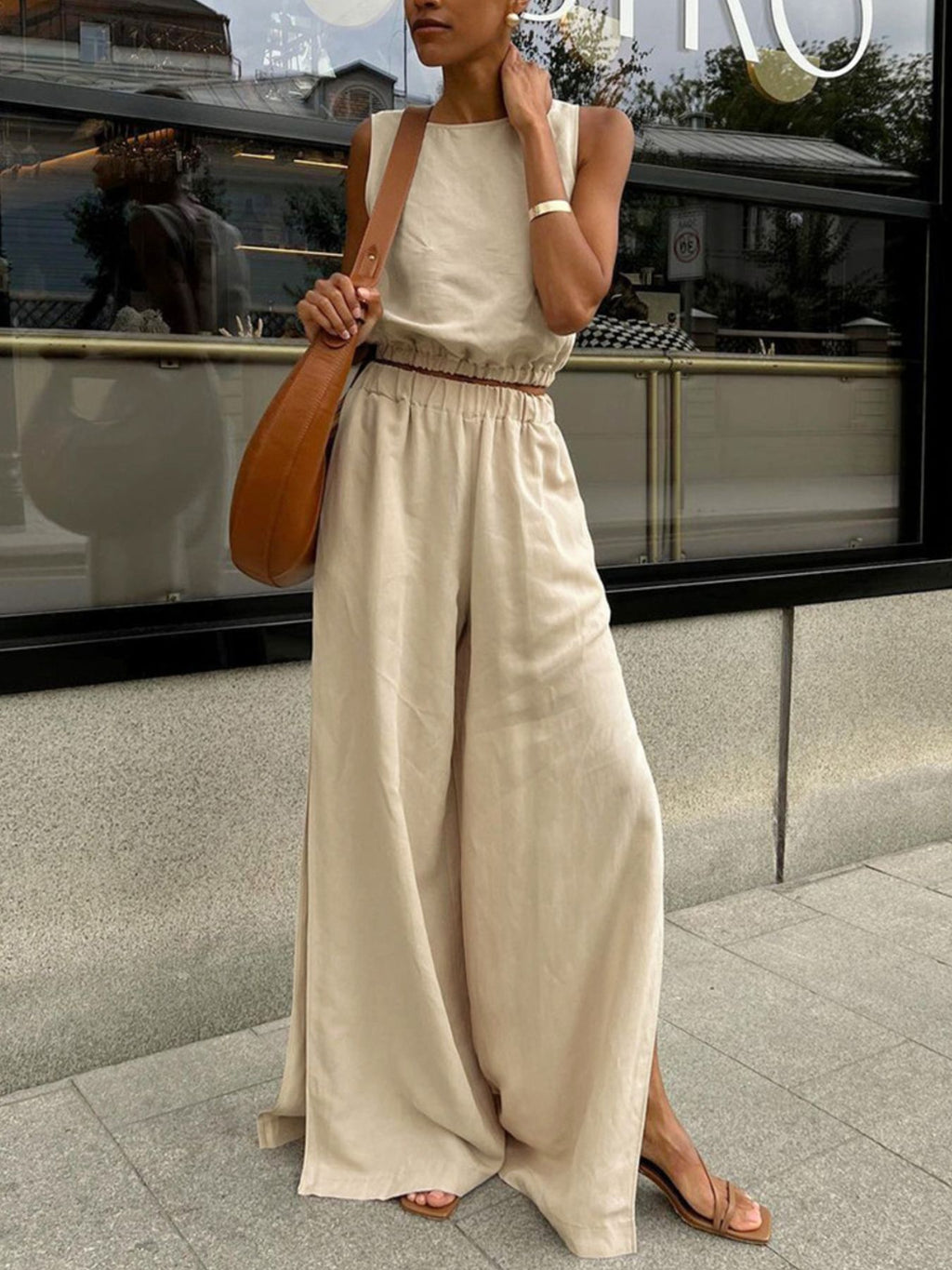 Sleeveless Crop Top and Slit Pants Set at kamakhyaa.com by Trendsi. This item is Chic Charm, Ship From Overseas