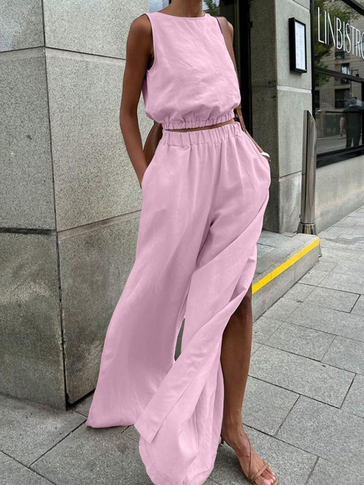 Sleeveless Crop Top and Slit Pants Set at kamakhyaa.com by Trendsi. This item is Chic Charm, Ship From Overseas