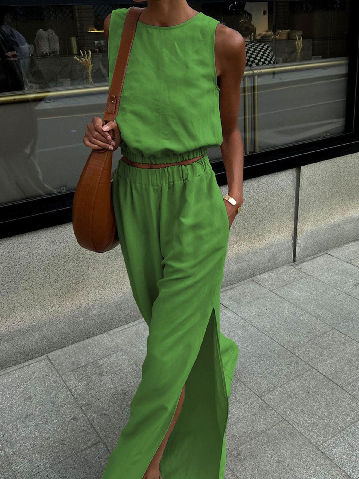 Sleeveless Crop Top and Slit Pants Set at kamakhyaa.com by Trendsi. This item is Chic Charm, Ship From Overseas
