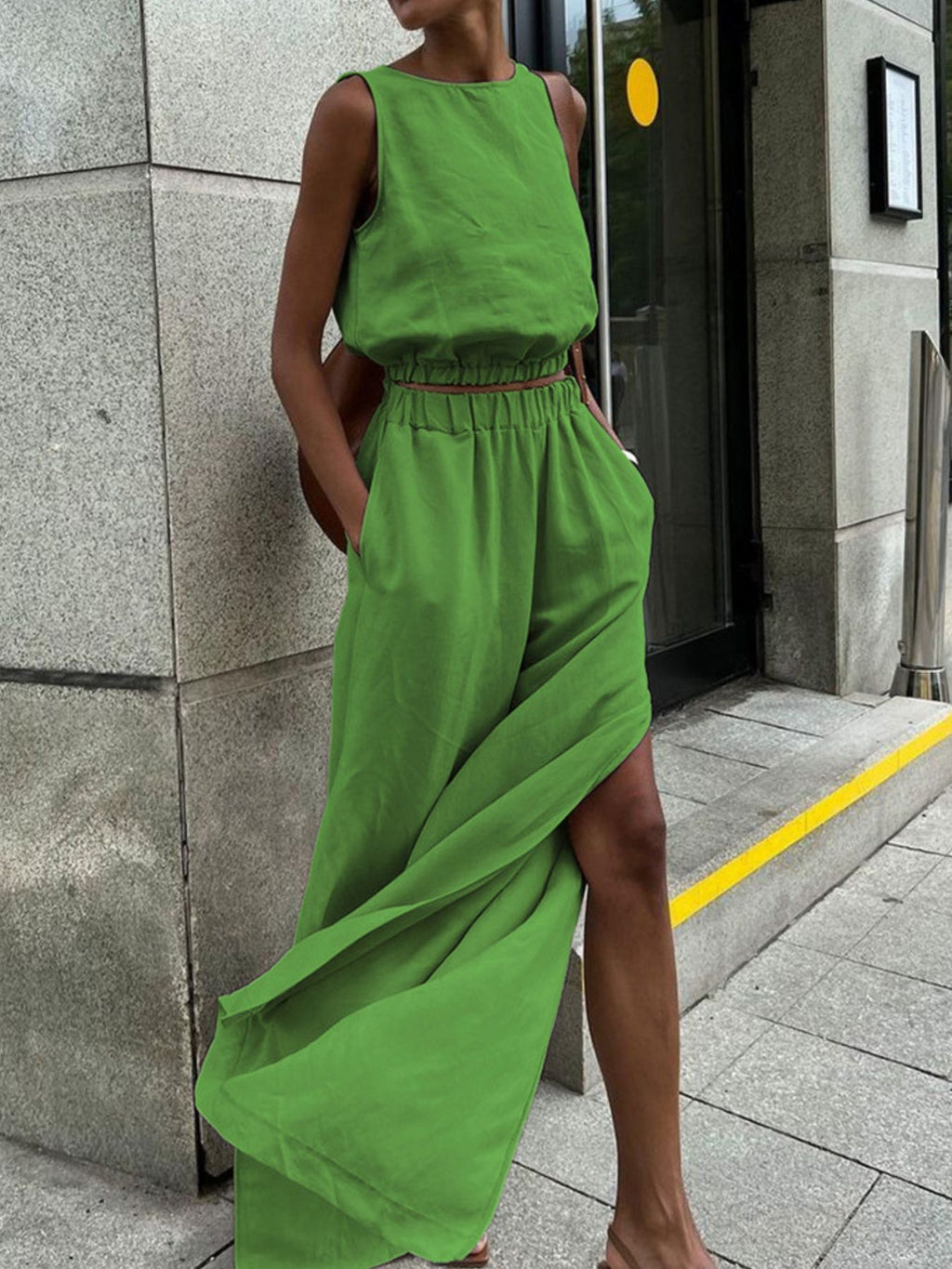 Sleeveless Crop Top and Slit Pants Set at kamakhyaa.com by Trendsi. This item is Chic Charm, Ship From Overseas