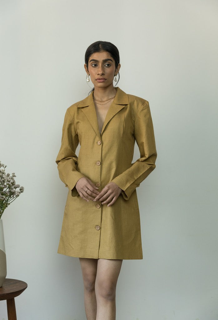Slim Fit Blazer Dress at Kamakhyaa by Anushé Pirani. This item is Blazer Dresses, Blazers, Casual Wear, Cotton, Cotton Hemp, Handwoven, Hemp, Mini Dresses, Office Formals, Paris, Shibumi by Anushe Pirani, Slim Fit, Solids, Womenswear, Yellow