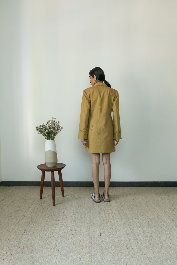 Slim Fit Blazer Dress at Kamakhyaa by Anushé Pirani. This item is Blazer Dresses, Blazers, Casual Wear, Cotton, Cotton Hemp, Handwoven, Hemp, Mini Dresses, Office Formals, Paris, Shibumi by Anushe Pirani, Slim Fit, Solids, Womenswear, Yellow
