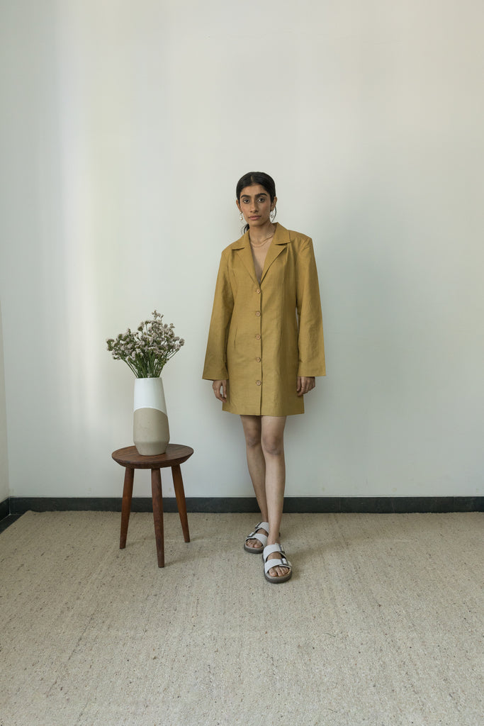 Slim Fit Blazer Dress at Kamakhyaa by Anushé Pirani. This item is Blazer Dresses, Blazers, Casual Wear, Cotton, Cotton Hemp, Handwoven, Hemp, Mini Dresses, Office Formals, Paris, Shibumi by Anushe Pirani, Slim Fit, Solids, Womenswear, Yellow