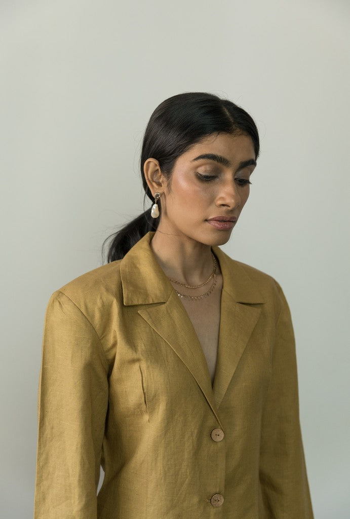 Slim Fit Blazer Dress at Kamakhyaa by Anushé Pirani. This item is Blazer Dresses, Blazers, Casual Wear, Cotton, Cotton Hemp, Handwoven, Hemp, Mini Dresses, Office Formals, Paris, Shibumi by Anushe Pirani, Slim Fit, Solids, Womenswear, Yellow