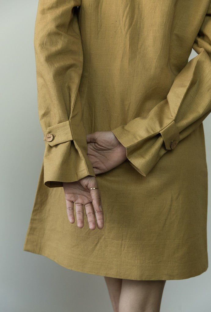 Slim Fit Blazer Dress at Kamakhyaa by Anushé Pirani. This item is Blazer Dresses, Blazers, Casual Wear, Cotton, Cotton Hemp, Handwoven, Hemp, Mini Dresses, Office Formals, Paris, Shibumi by Anushe Pirani, Slim Fit, Solids, Womenswear, Yellow