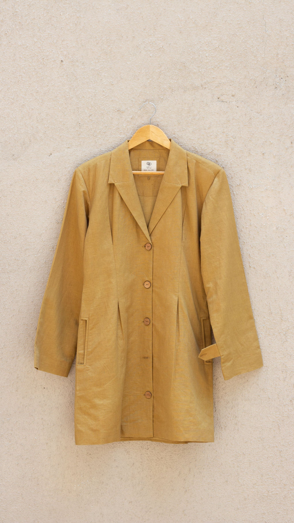 Slim Fit Blazer Dress at Kamakhyaa by Anushé Pirani. This item is Blazer Dresses, Blazers, Casual Wear, Cotton, Cotton Hemp, Handwoven, Hemp, Mini Dresses, Office Formals, Paris, Shibumi by Anushe Pirani, Slim Fit, Solids, Womenswear, Yellow