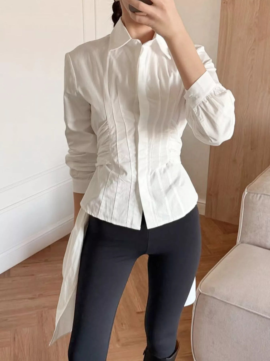 Slim-Fit Ruched Waist Shirt at kamakhyaa.com by Trendsi. This item is Helene, Ship From Overseas, Under $100