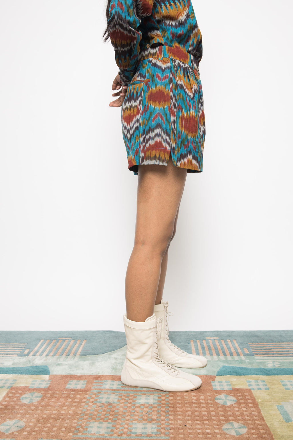 Slouchy Pleated Shorts at kamakhyaa.com by Anushé Pirani. This item is 100% Cotton, Beach Wear, Casual Wear, Console Collection List, Cotton, Fresh Ink by Anushe Pirani, Handwoven cotton, Ikat Prints, Regular Fit, Shorts, Turquoise, Vacation Wear, Womenswear