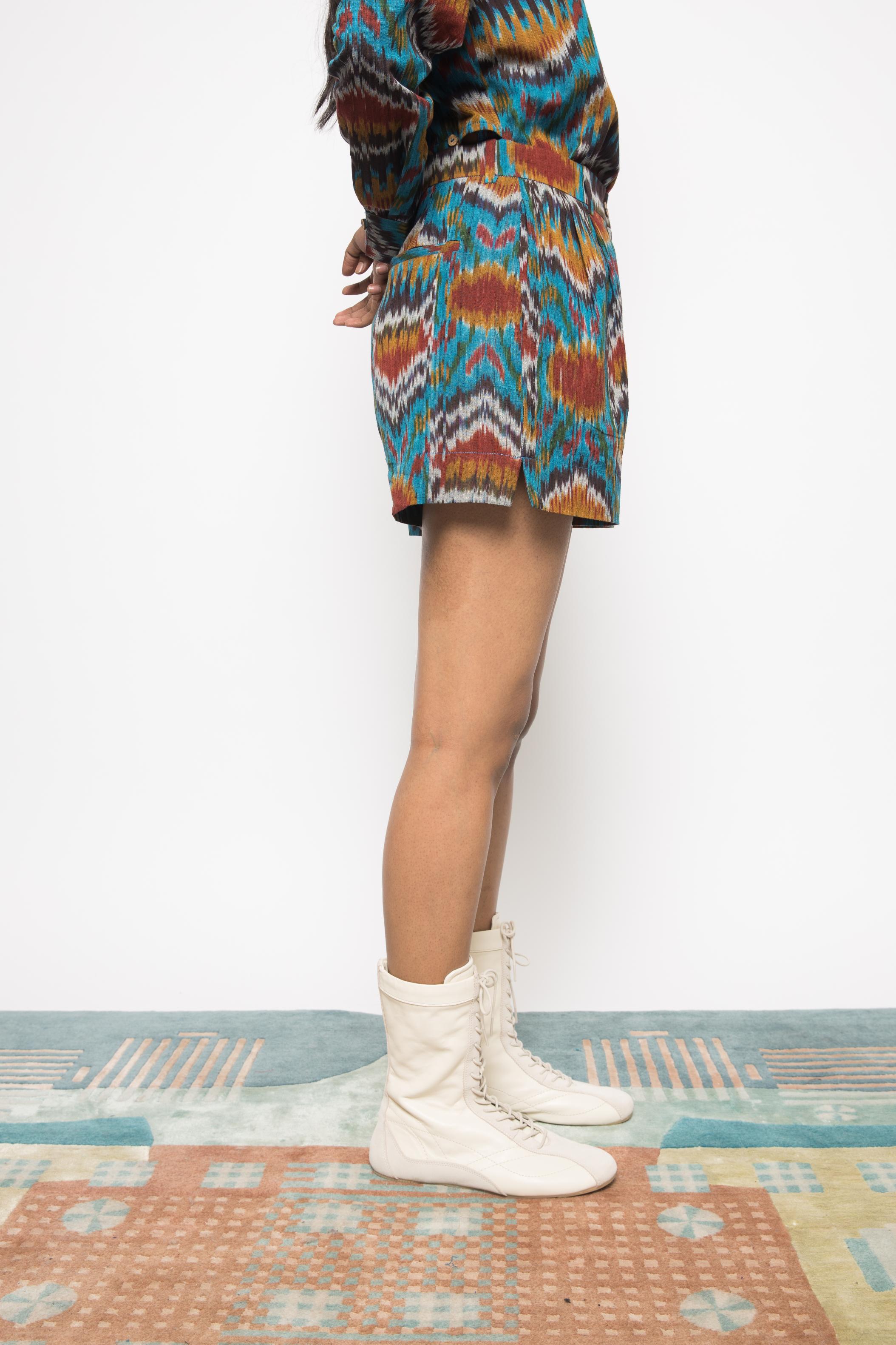 Slouchy Pleated Shorts at kamakhyaa.com by Anushé Pirani. This item is 100% Cotton, Beach Wear, Casual Wear, Console Collection List, Cotton, Fresh Ink by Anushe Pirani, Handwoven cotton, Ikat Prints, Regular Fit, Shorts, Turquoise, Vacation Wear, Womenswear