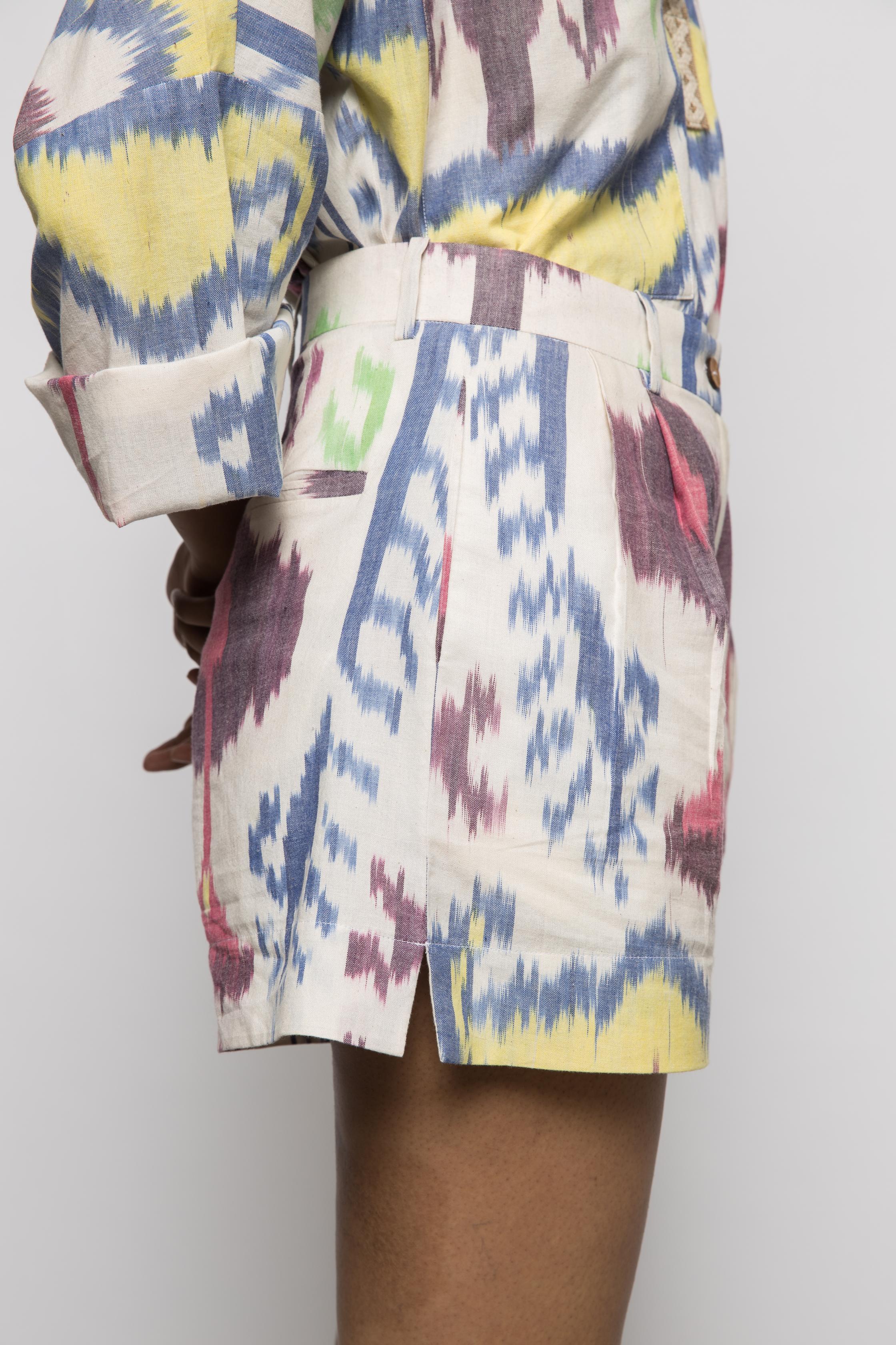 Slouchy Pleated Shorts at kamakhyaa.com by Anushé Pirani. This item is 100% Cotton, Beach Wear, Casual Wear, Console Collection List, Cotton, Fresh Ink by Anushe Pirani, Handwoven cotton, Ikat Prints, Multicolor, Regular Fit, Shorts, Vacation Wear, Womenswear