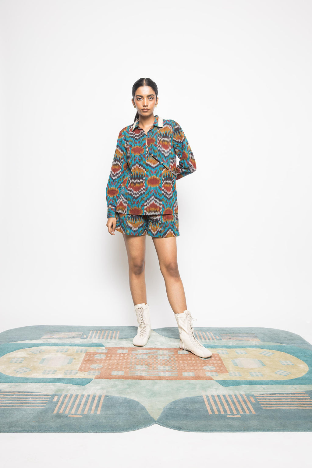 Slouchy Pleated Shorts at kamakhyaa.com by Anushé Pirani. This item is 100% Cotton, Beach Wear, Casual Wear, Console Collection List, Cotton, Fresh Ink by Anushe Pirani, Handwoven cotton, Ikat Prints, Regular Fit, Shorts, Turquoise, Vacation Wear, Womenswear