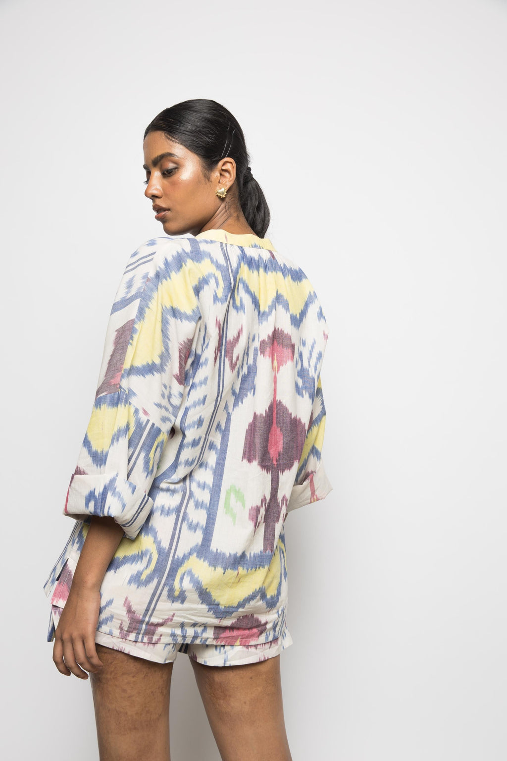Slouchy Pleated Shorts at kamakhyaa.com by Anushé Pirani. This item is 100% Cotton, Beach Wear, Casual Wear, Console Collection List, Cotton, Fresh Ink by Anushe Pirani, Handwoven cotton, Ikat Prints, Multicolor, Regular Fit, Shorts, Vacation Wear, Womenswear
