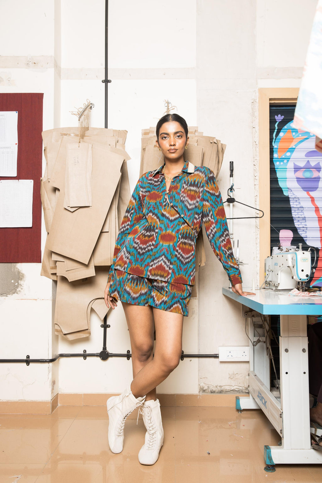 Slouchy Pleated Shorts at kamakhyaa.com by Anushé Pirani. This item is 100% Cotton, Beach Wear, Casual Wear, Console Collection List, Cotton, Fresh Ink by Anushe Pirani, Handwoven cotton, Ikat Prints, Regular Fit, Shorts, Turquoise, Vacation Wear, Womenswear