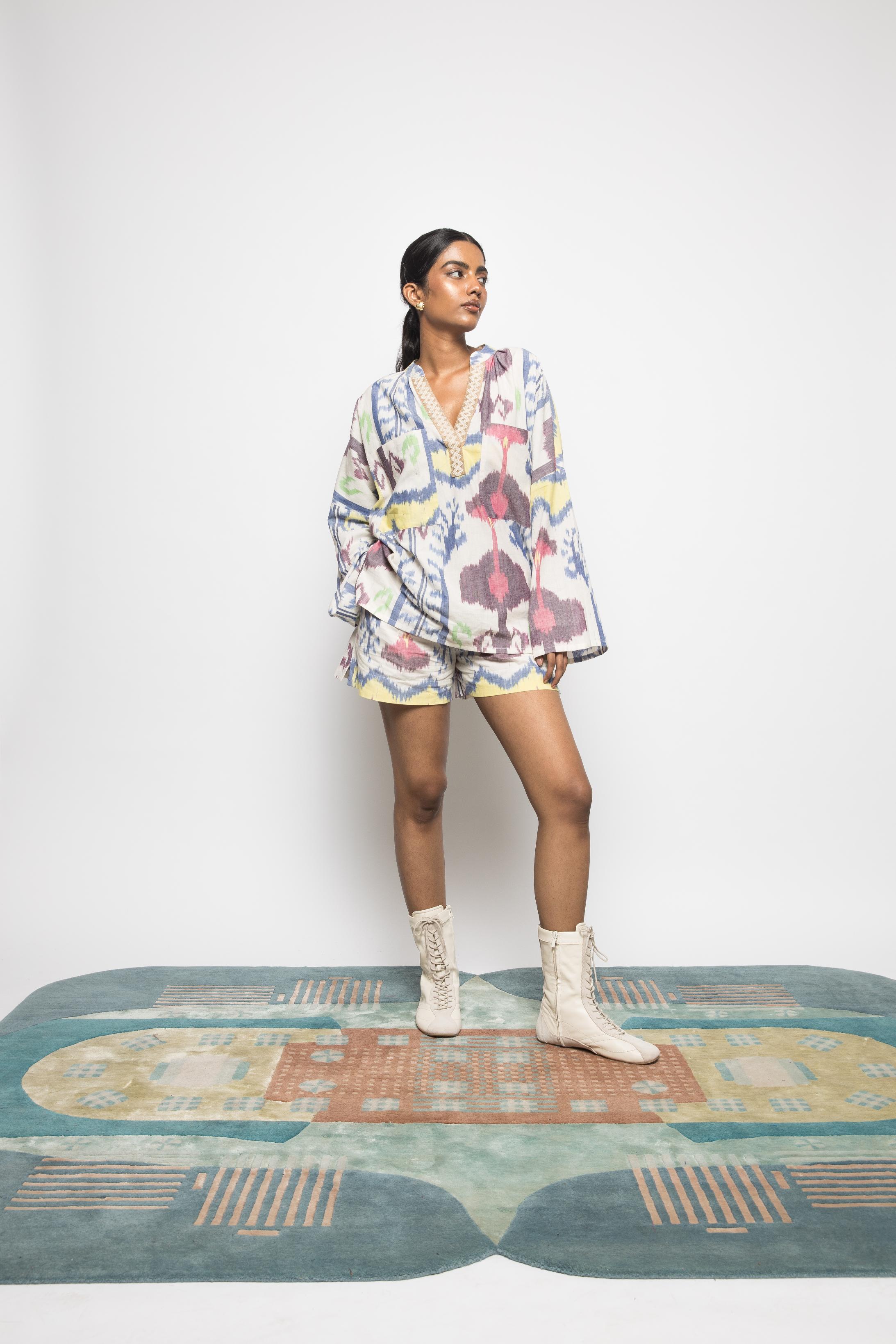 Slouchy Pleated Shorts at kamakhyaa.com by Anushé Pirani. This item is 100% Cotton, Beach Wear, Casual Wear, Console Collection List, Cotton, Fresh Ink by Anushe Pirani, Handwoven cotton, Ikat Prints, Multicolor, Regular Fit, Shorts, Vacation Wear, Womenswear