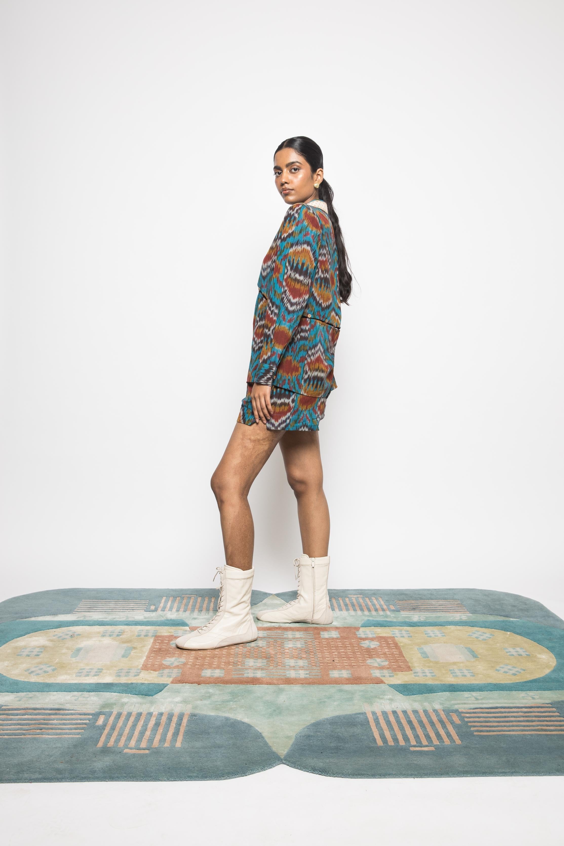 Slouchy Pleated Shorts at kamakhyaa.com by Anushé Pirani. This item is 100% Cotton, Beach Wear, Casual Wear, Console Collection List, Cotton, Fresh Ink by Anushe Pirani, Handwoven cotton, Ikat Prints, Regular Fit, Shorts, Turquoise, Vacation Wear, Womenswear