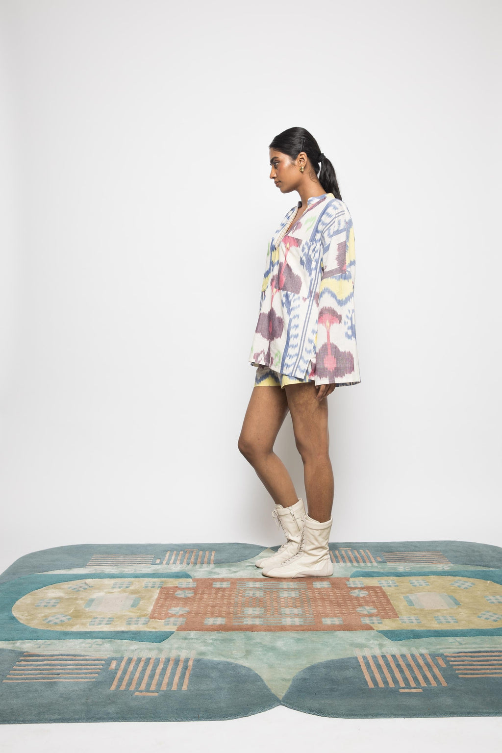 Slouchy Pleated Shorts at kamakhyaa.com by Anushé Pirani. This item is 100% Cotton, Beach Wear, Casual Wear, Console Collection List, Cotton, Fresh Ink by Anushe Pirani, Handwoven cotton, Ikat Prints, Multicolor, Regular Fit, Shorts, Vacation Wear, Womenswear