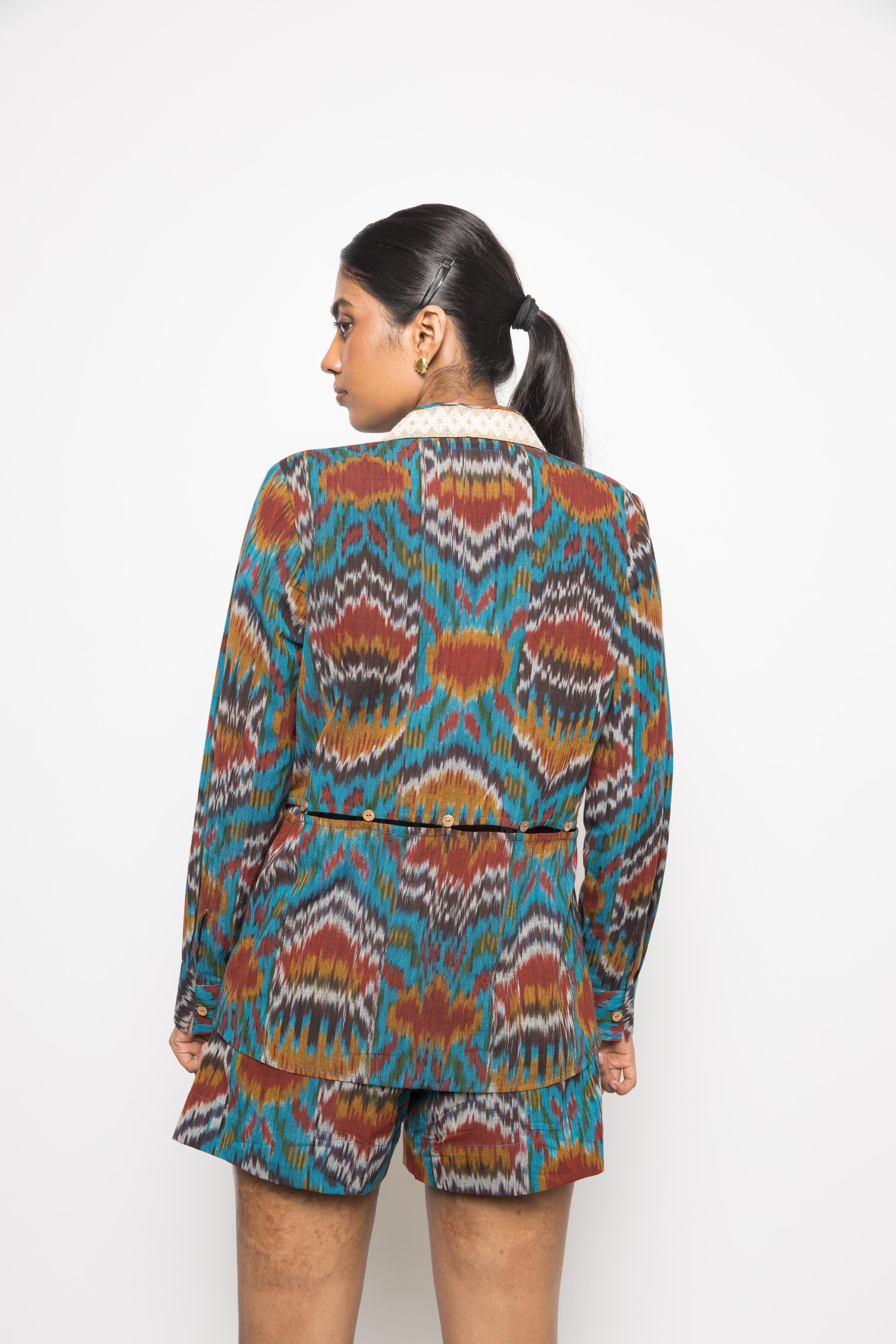 Slouchy Pleated Shorts at kamakhyaa.com by Anushé Pirani. This item is 100% Cotton, Beach Wear, Casual Wear, Console Collection List, Cotton, Fresh Ink by Anushe Pirani, Handwoven cotton, Ikat Prints, Regular Fit, Shorts, Turquoise, Vacation Wear, Womenswear