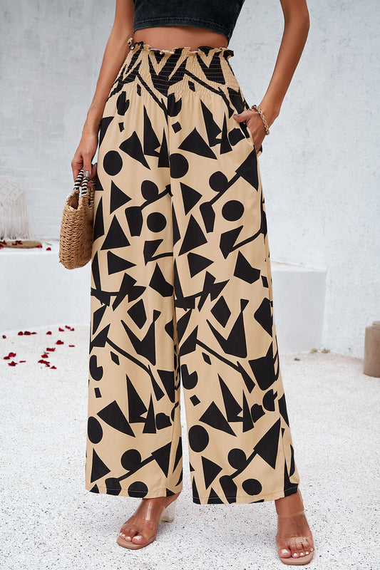 Smocked Printed Wide Leg Pants with Pockets at Kamakhyaa by Trendsi. This item is DY, Ship From Overseas, Trendsi