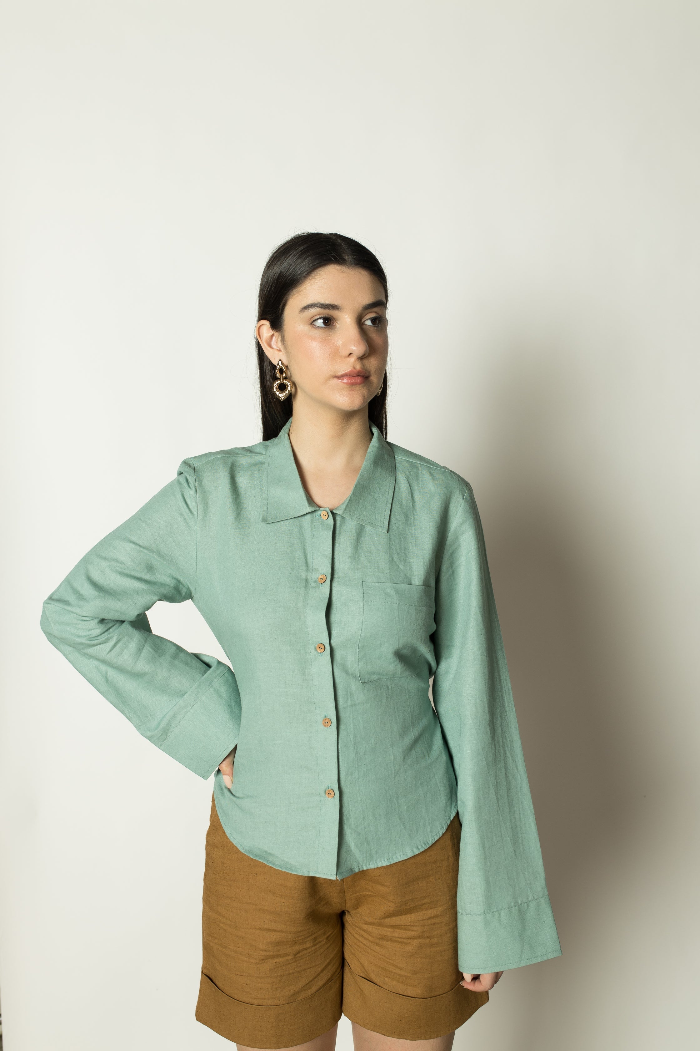 Solid Blue Shirt with Back Tie at kamakhyaa.com by Anushé Pirani. This item is Blue, Cotton Hemp, Green, Nostalgic Whispers by Anushe Pirani, Office Formals, Regular Fit, Review September 2025, Shirt, Tops, Womenswear