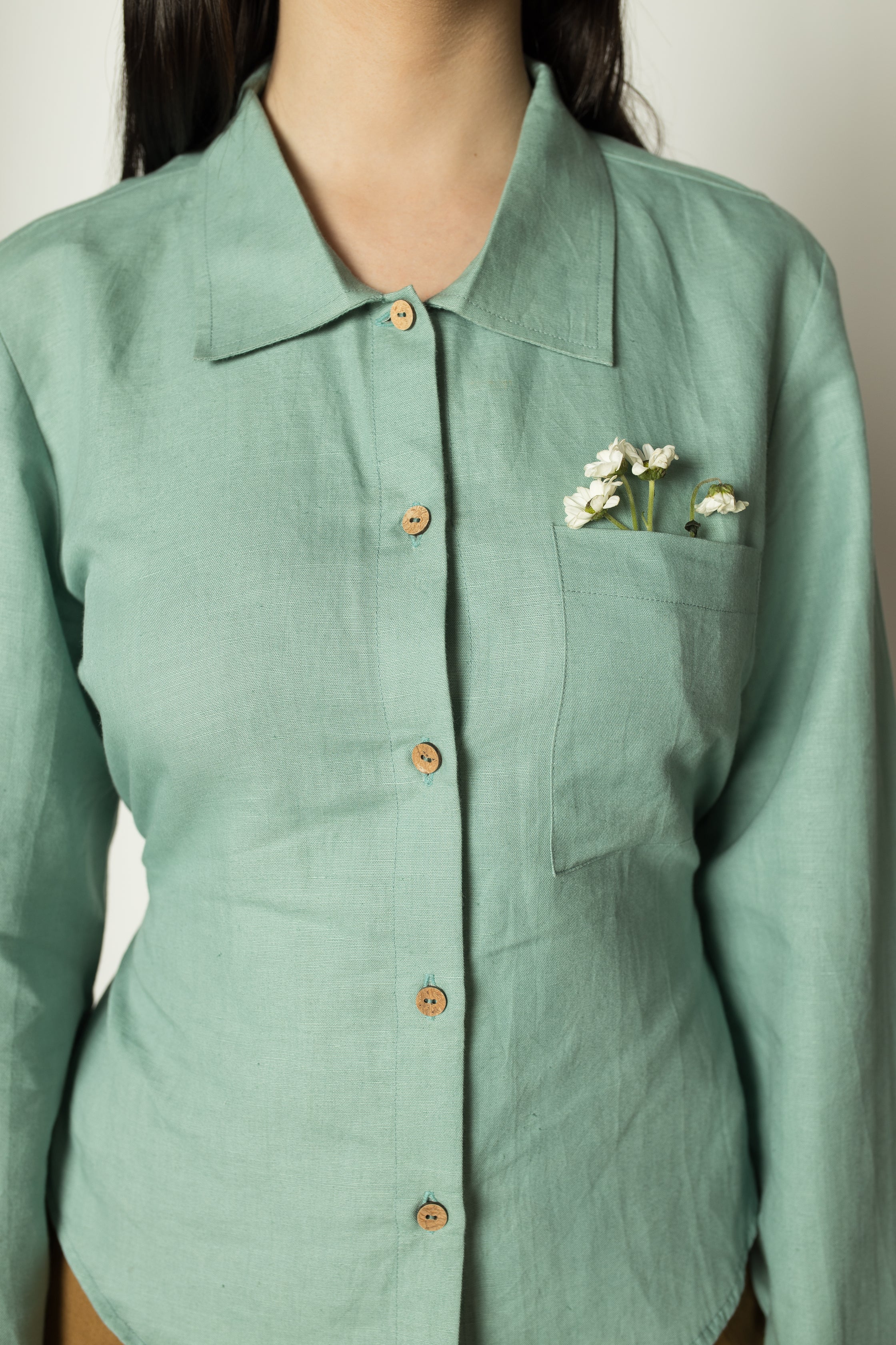 Solid Blue Shirt with Back Tie at kamakhyaa.com by Anushé Pirani. This item is Blue, Cotton Hemp, Green, Nostalgic Whispers by Anushe Pirani, Office Formals, Regular Fit, Review September 2025, Shirt, Tops, Womenswear