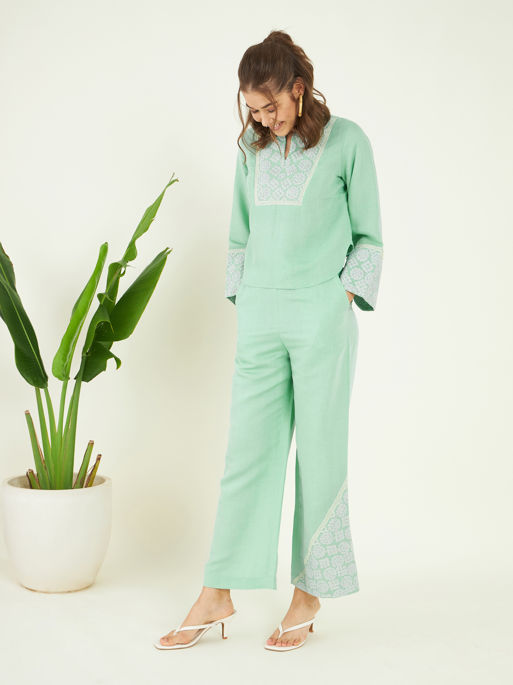 Solid Green Linen Co-ord Set at Kamakhyaa by Bohobi. This item is 100% Linen, Green, Office Wear, Office Wear Co-ords, Regular Fit, Solids, Toxin free