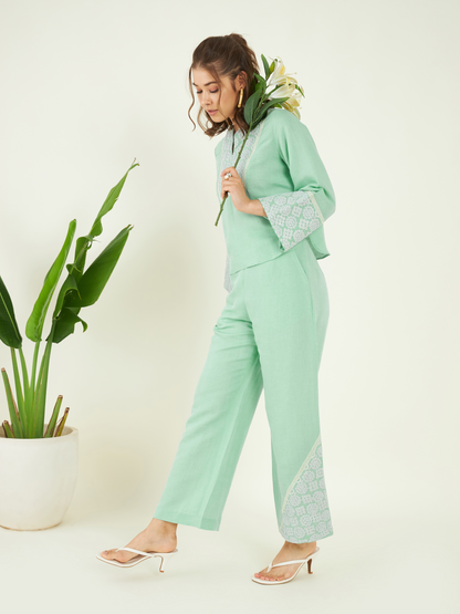Solid Green Linen Co-ord Set at Kamakhyaa by Bohobi. This item is 100% Linen, Green, Office Wear, Office Wear Co-ords, Regular Fit, Solids, Toxin free