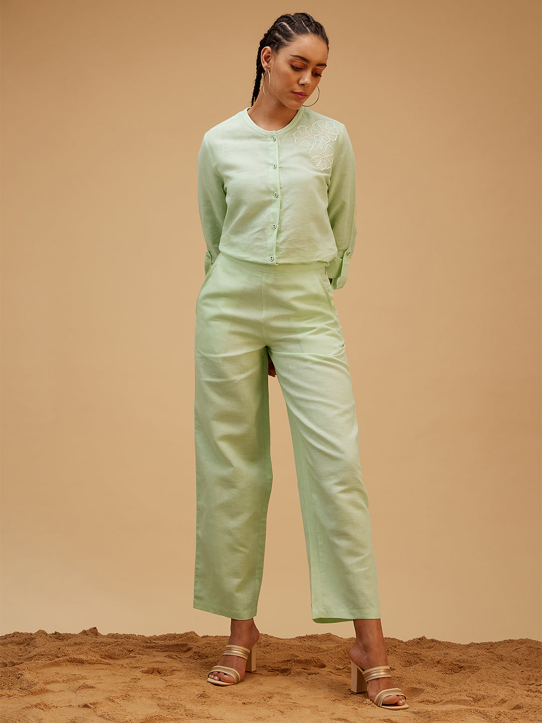 Solid Green Regular Fit Co-ord Set at Kamakhyaa by Bohobi. This item is 100% Linen, Green, Office Wear, Office Wear Co-ords, Regular Fit, Solids, Toxin free